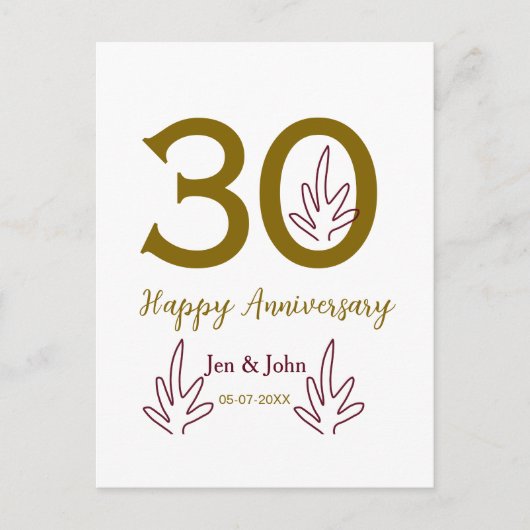 Gelukkig 30-jarig jubileum naam datum gouden rode briefkaart (Voorkant)