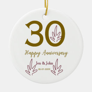 Gelukkig 30-jarig jubileum naam datum gouden rode keramisch ornament