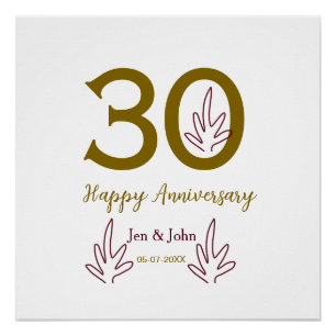 Gelukkig 30-jarig jubileum naam datum gouden rode perfect poster