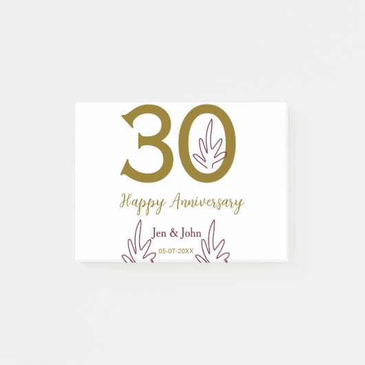 Gelukkig 30-jarig jubileum naam datum gouden rode post-it® notes (Voorkant)