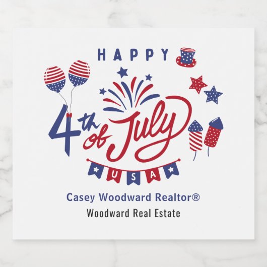 Gelukkig 4 juli | Makelaar Patriottische Viering Sparkling Wijnetiket (Enkel label)