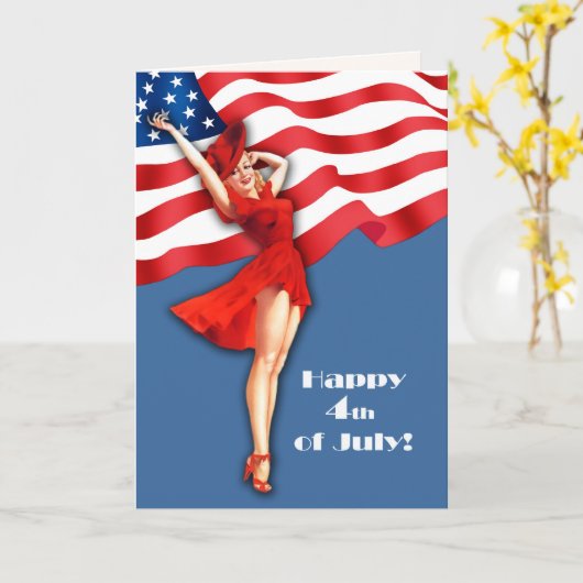 Gelukkig 4 juli. Retro Pin-up Kaart (Gele Bloem)