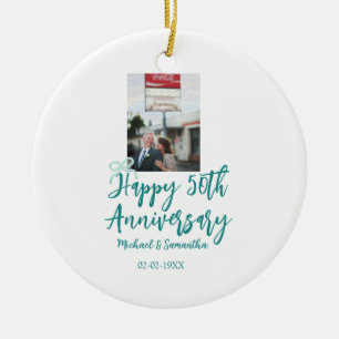 Gelukkig 50-jarig jubileum foto turquoise strik na keramisch ornament
