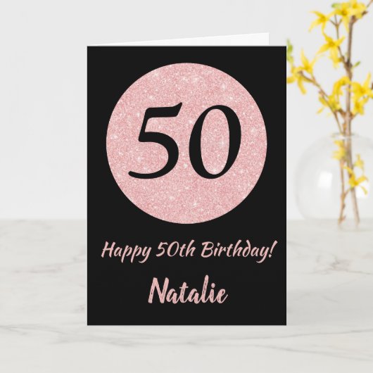 Gelukkig 50e verjaardag Zwart en Roze Roze Goud Kaart (Gele Bloem)