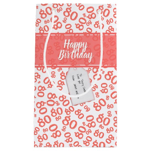 Gelukkig 80e koraal/wit willekeurig getalpatroon klein cadeauzakje (Voorkant)