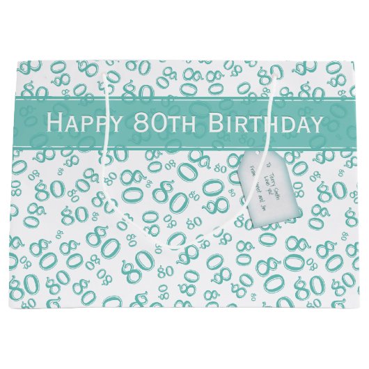 Gelukkig 80ste Blauwgroen/Wit Willekeurig Nummerpa Groot Cadeauzakje (Voorkant)