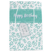 Gelukkig 80ste Blauwgroen/Wit Willekeurig Nummerpa Medium Cadeauzakje (Voorkant)