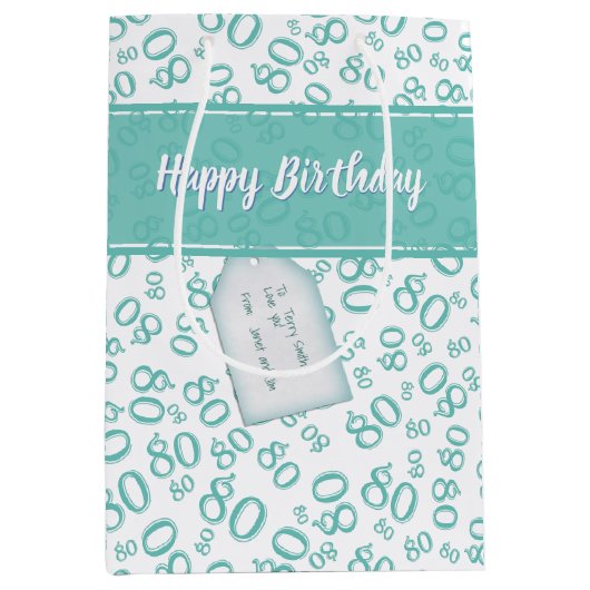Gelukkig 80ste Blauwgroen/Wit Willekeurig Nummerpa Medium Cadeauzakje (Voorkant)