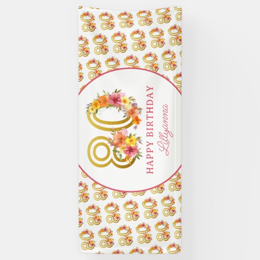 Gelukkig 80ste Verjaardagsfeest Bloemen Goud Numme Spandoek (Verticaal)