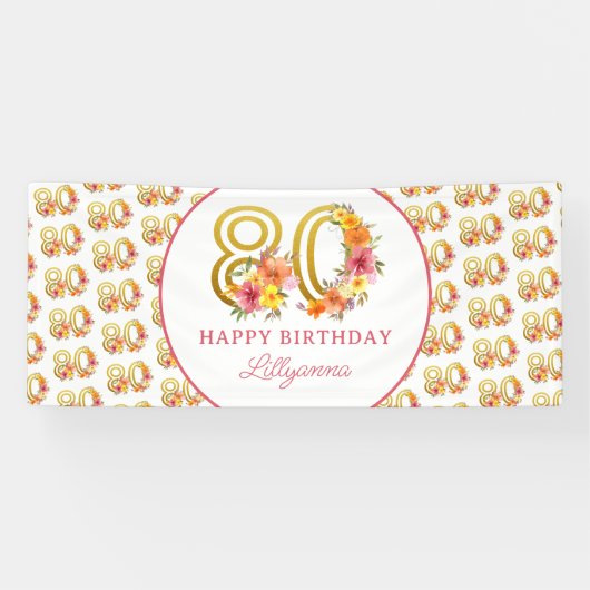 Gelukkig 80ste Verjaardagsfeest Bloemen Goud Numme Spandoek (Horizontaal)