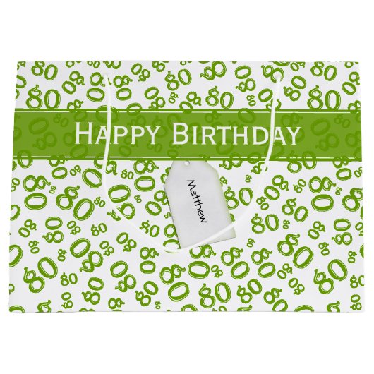 Gelukkig 80th Groen/Wit Willekeurig Nummerpatroon Groot Cadeauzakje (Voorkant)