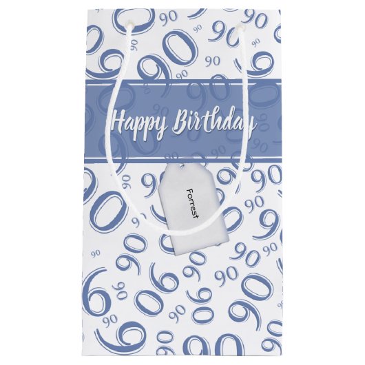 Gelukkig 90ste Willekeurig Nummerpatroon Blauw/Wit Klein Cadeauzakje (Voorkant)