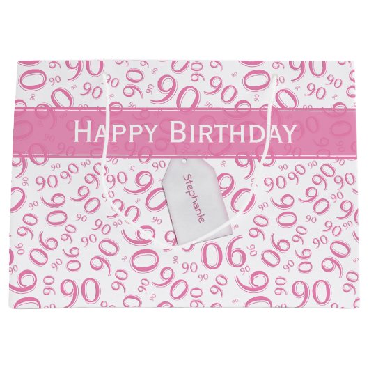 Gelukkig 90ste Willekeurig Nummerpatroon Roze/Wit Groot Cadeauzakje (Voorkant)