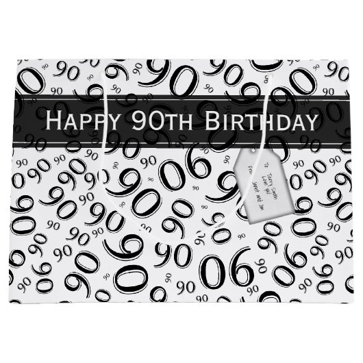 Gelukkig 90ste Willekeurig Nummerpatroon Zwart/Wit Groot Cadeauzakje (Voorkant)