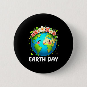 Gelukkig Aardedag T-shirt Cute Aarde Met Bloemige Ronde Button 5,7 Cm