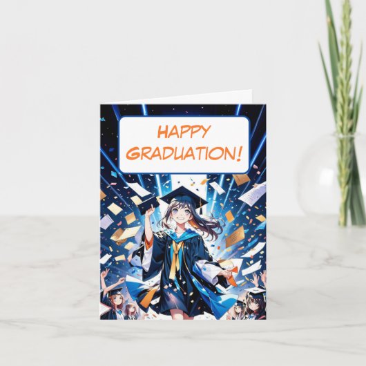 Gelukkig Afstuderen anime meisje in Pet en jurk Kaart (Voorkant)