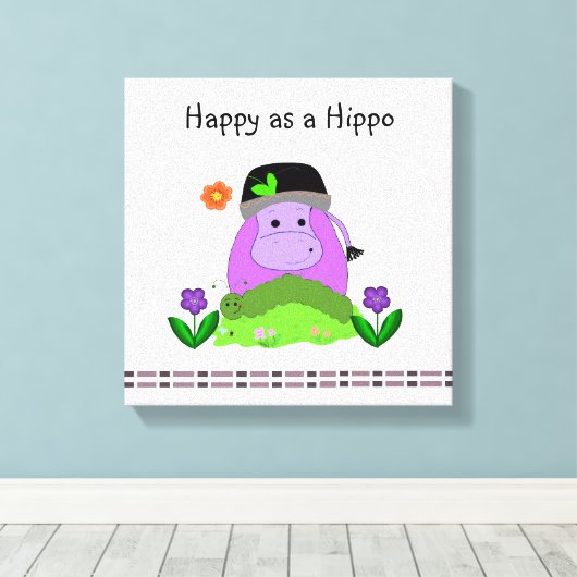 Gelukkig als een Hippo Canvas Afdruk (Insitu (Houten vloer))