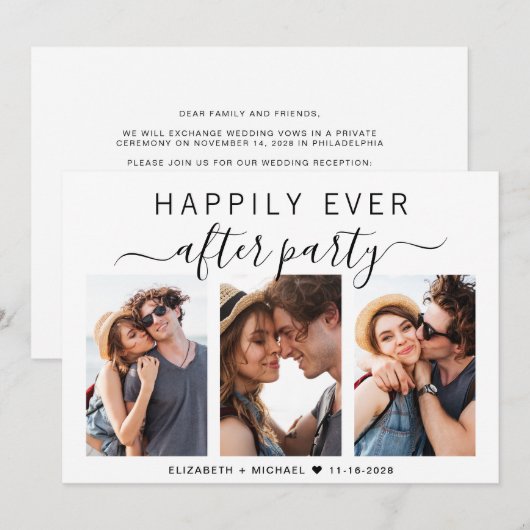 Gelukkig altijd daarna 3 foto bruiloftsreceptie kaart (Voorkant / Achterkant)