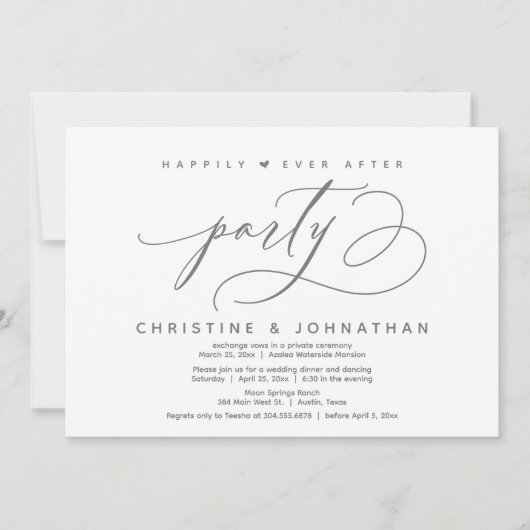 Gelukkig altijd na het feest, modern huwelijksdine kaart (Voorkant)