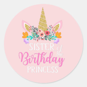 gelukkig Birthday zuster Unicorn Partij Roze Ronde Sticker