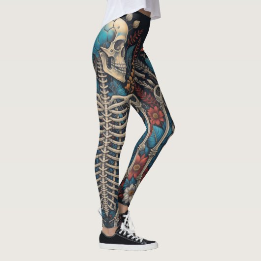Gelukkig Bloemenskelet Halloween schedel ribcage Leggings (Rechts)