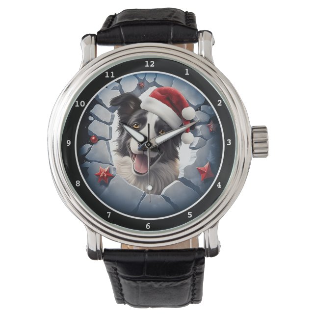 Gelukkig Border Collie Kerstbeeld Horloge (Voorkant)