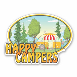 Gelukkig camper retro ontwerp met caravan bomen sticker