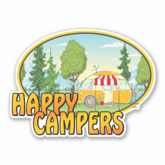 Gelukkig camper retro ontwerp met caravan bomen sticker (Voorkant)
