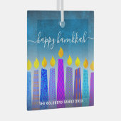 Gelukkig Chanoeka Script Menorah kaarsen Turquoise Glas Ornament (Voorkant Rechts)