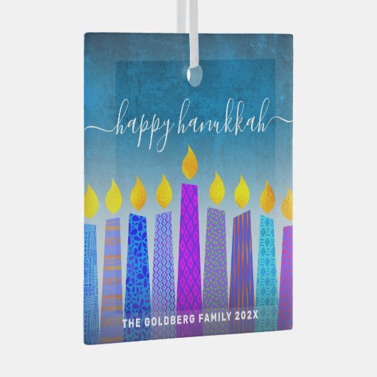 Gelukkig Chanoeka Script Menorah kaarsen Turquoise Glas Ornament (Voorkant Rechts)