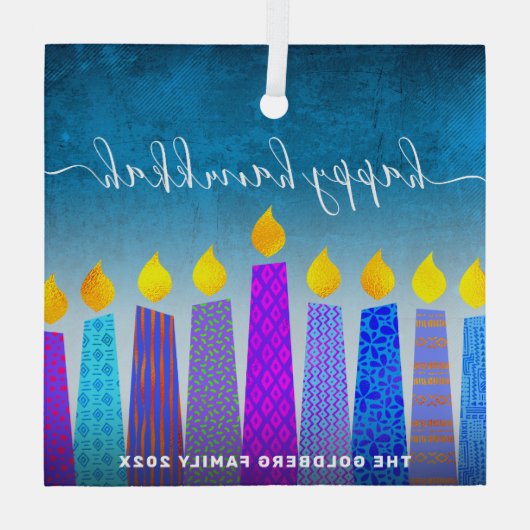 Gelukkig Chanoeka Script Menorah kaarsen Turquoise Glas Ornament (Achterkant)
