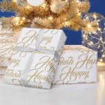Gelukkig Chanoeka wit goud modern elegant script Cadeaupapier<br><div class="desc">Gelukkig Chanoeka faux goud en wit modern script patroon cadeau Wrapping Paper. Faux gouden script typografie patroon op witte achtergrond kleur.</div>