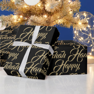 Gelukkig Chanoeka zwart goud modern elegant script Cadeaupapier