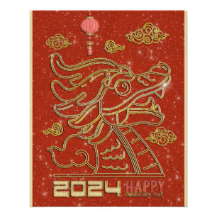 Gelukkig Chinees Rood Goud Nieuwjaar van de Draak  Perfect Poster
