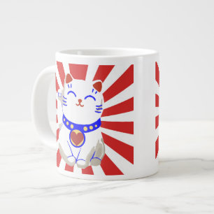 Gelukkig cute neko kat op rijzende zon grote koffiekop