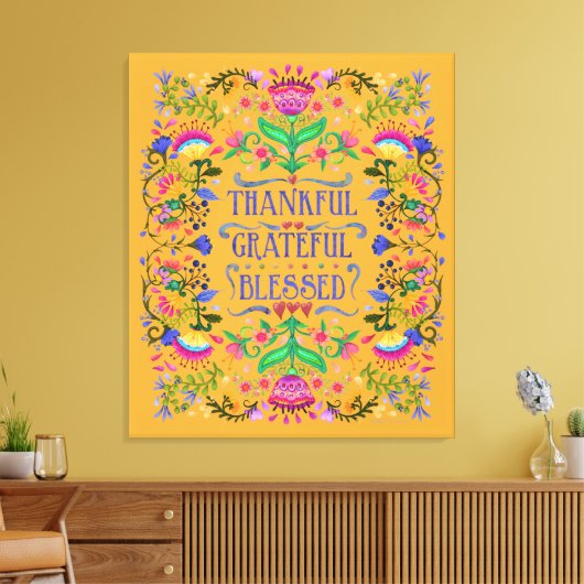 Gelukkig, dankbaar, gerantsoeneerd volkskunstbloem canvas afdruk (Insitu (Woonkamer))