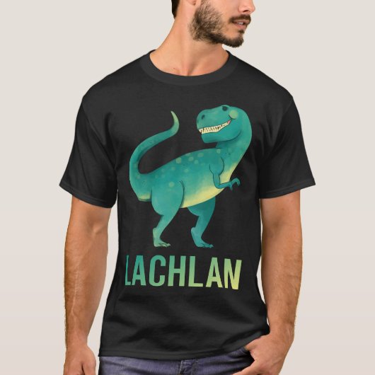 Gelukkig Dinosaur - Lachlan Naam T-shirt (Voorkant)