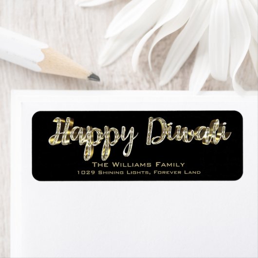 Gelukkig Diwali Chic Zwart en Goud Lettering Scrip Etiket (Insitu)