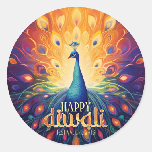 Gelukkig Diwali Vibrant Peacock Festival of Lights Ronde Sticker (Voorkant)