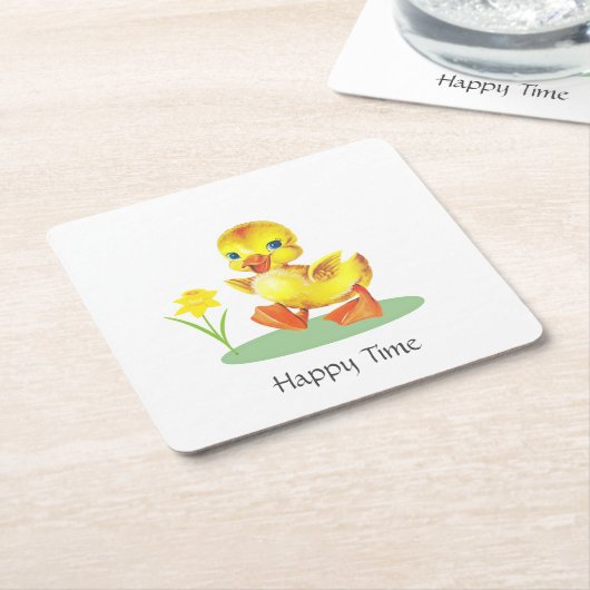 Gelukkig eendje op wit kartonnen onderzetters (Schuin)