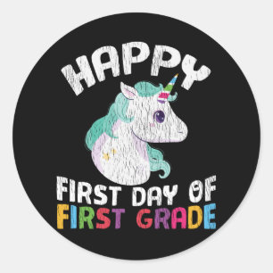 Gelukkig Eerste Klas Eenhoorn Eerste Schooldag Cad Ronde Sticker