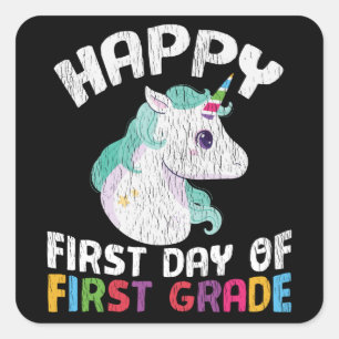 Gelukkig Eerste Klas Eenhoorn Eerste Schooldag Cad Vierkante Sticker