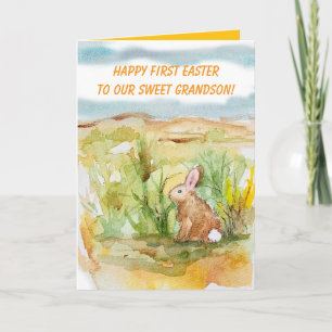 Gelukkig eerste Pasen Kleinzoon Konijn Wilde Bloem Kaart