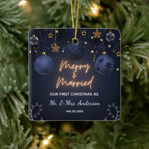 Gelukkig en Getrouwd Foto Aandenken voor Nieuwgetr Keramisch Ornament