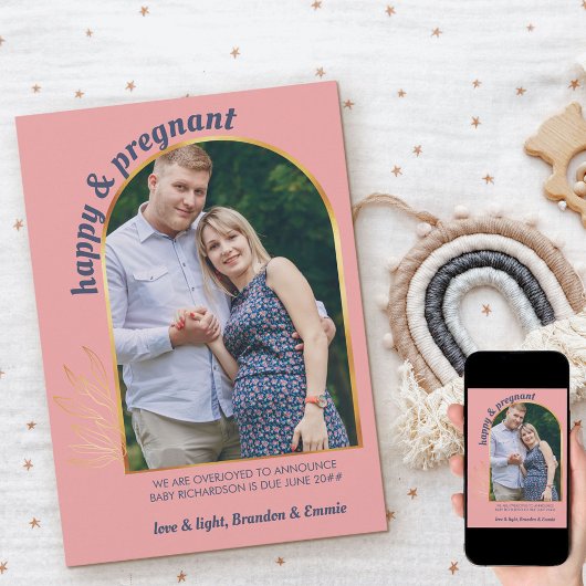 Gelukkig en Zwanger Foto Gouden Boog Zwangerschap Aankondiging