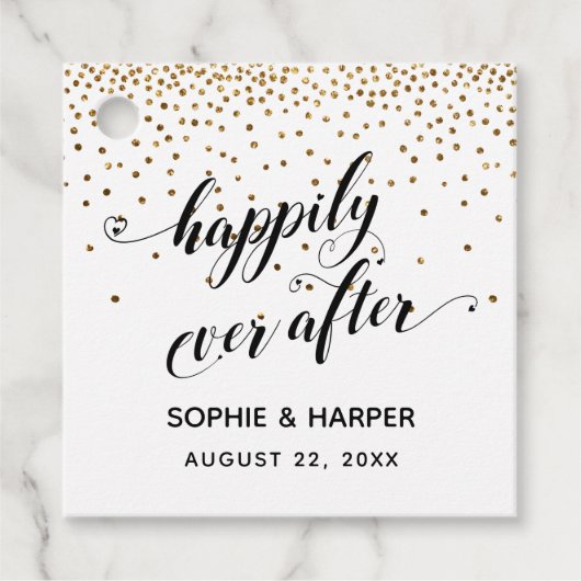 Gelukkig Ever After Hearts en Gold Confetti Bedankjes Labels (Voorkant)