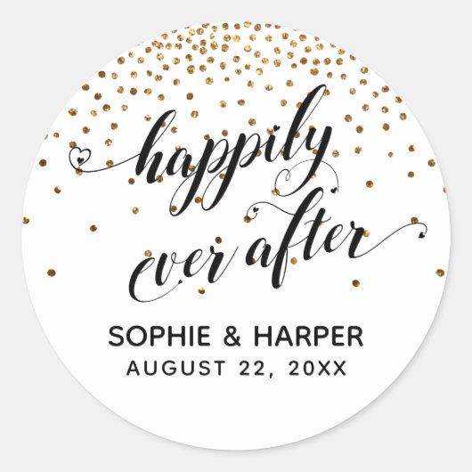 Gelukkig Ever After Hearts en Gold Confetti Ronde Sticker (Voorkant)
