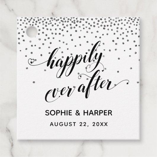 Gelukkig Ever After Hearts en Silver Confetti Bedankjes Labels (Voorkant)