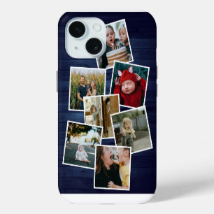 Gelukkig Familie Foto Collage Blauwe Hout iPhone 15 Case
