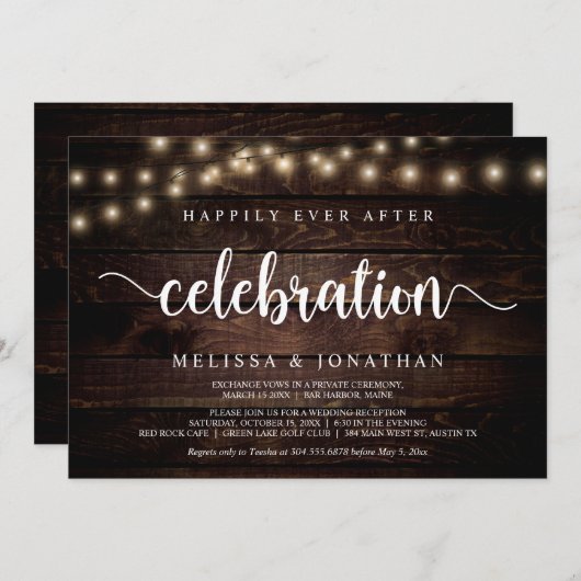 Gelukkig feest na afloop, slingerlicht, elopement kaart (Voorkant / Achterkant)